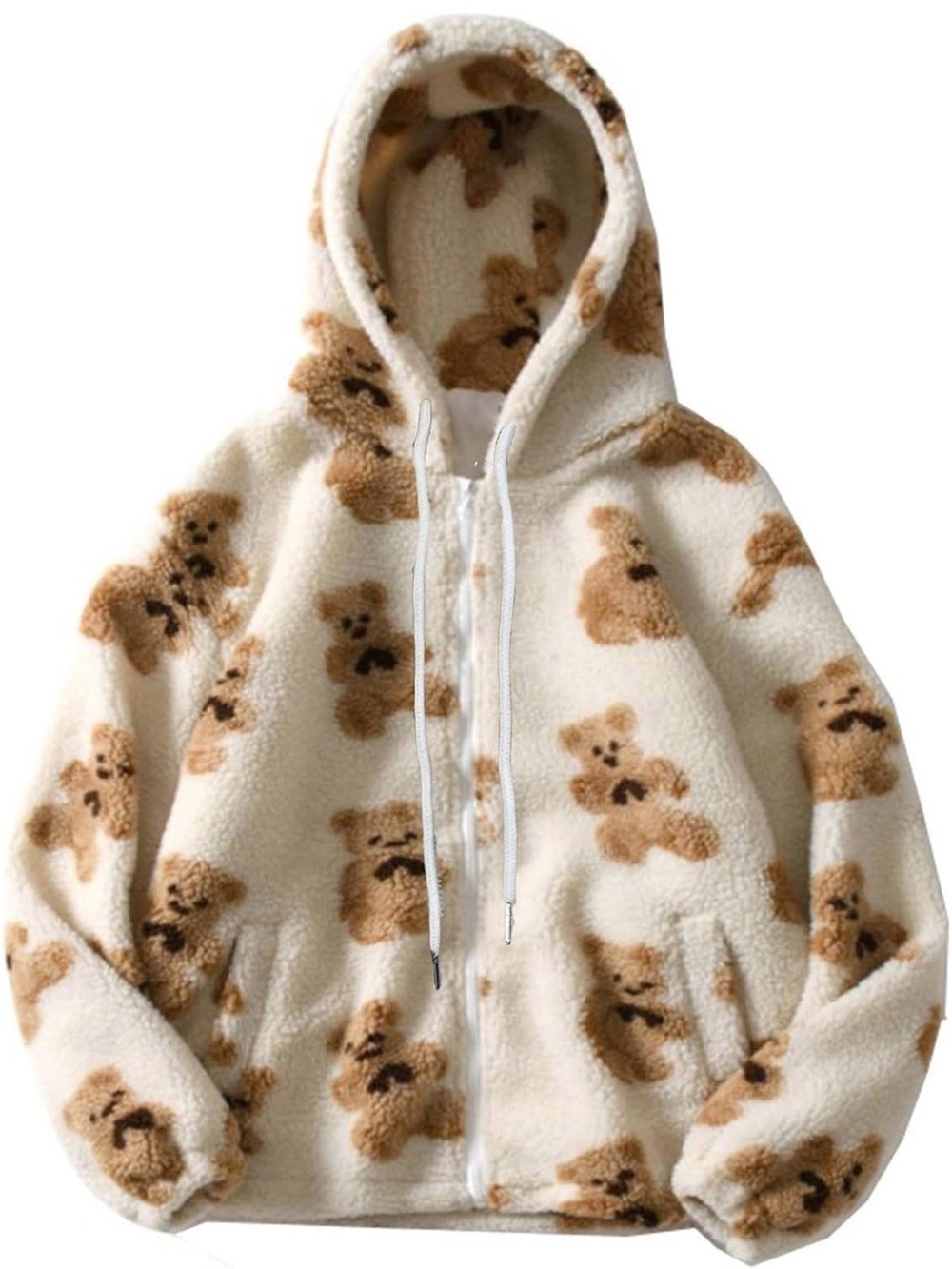 Women’s Oversized Teddy Bear Print Hooded Jacket - Cream